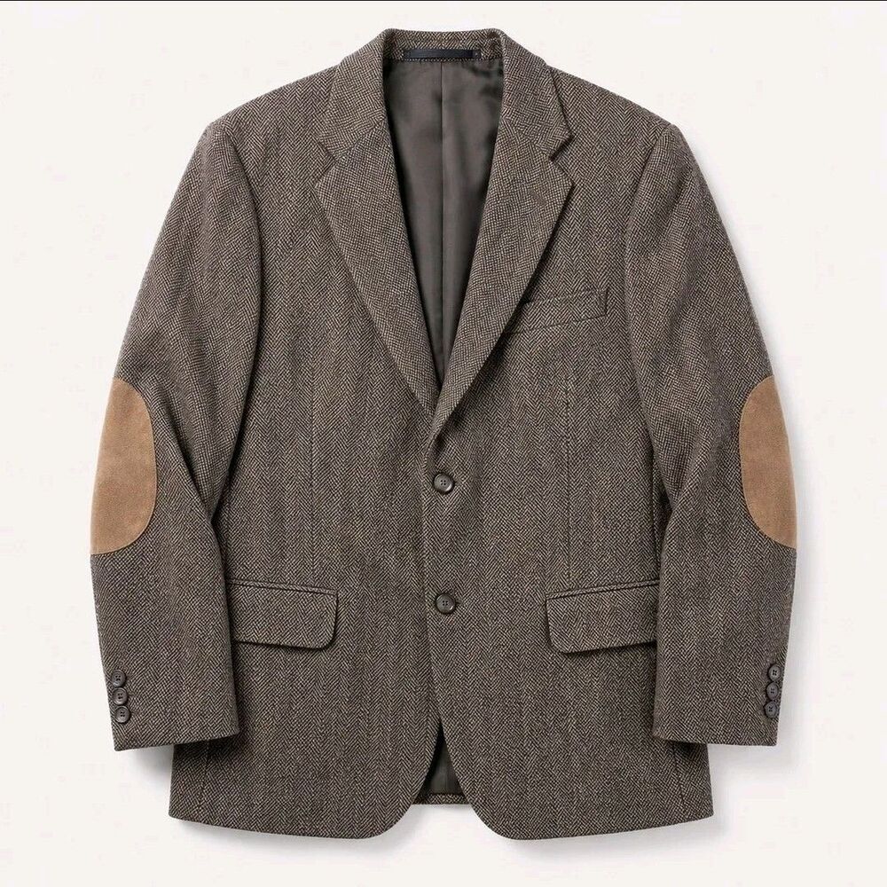 Vintage Tweed Blazer 40R Brown Herringbone Wool Elbow Patch Sport Coat Made